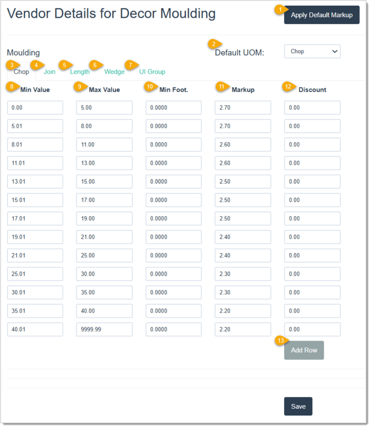 Image displaying the Moulding Vendor Details page.