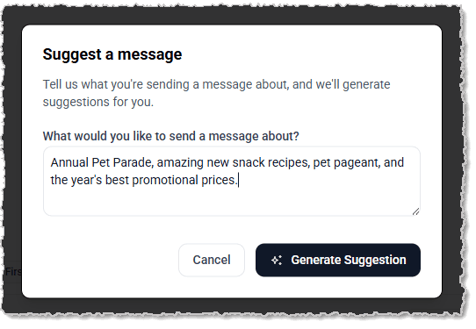 Image showing the Suggest a Message window for a new Campaign in the LifeSaver Software system.