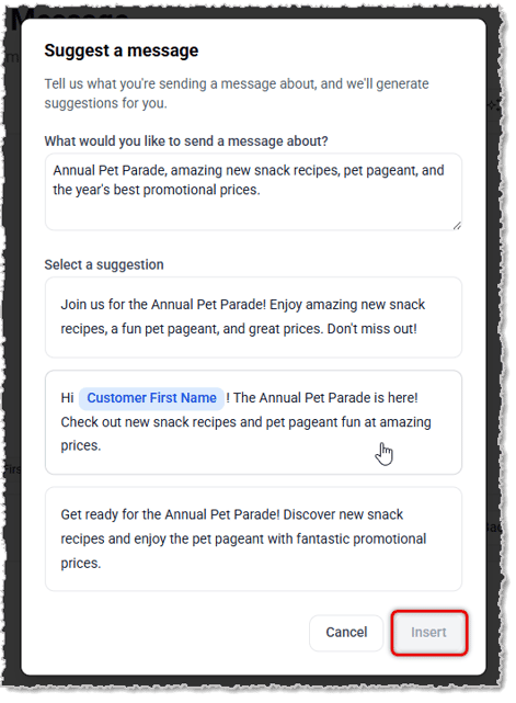 Image showing the Suggest a Message window with suggested message options generated by AI for a new Campaign in the LifeSaver Software system.