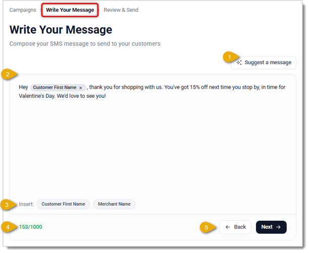 Image showing the Write Your Message page of Campaign creation in the LifeSaver Software system.