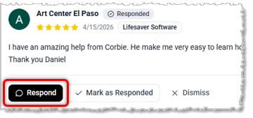 Image showing a business review with the Respond button highlighted in the LifeSaver Software system.
