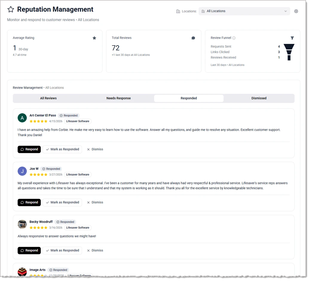 Image showing a list of business reviews on the Reputation Management page of the LifeSaver Software system.
