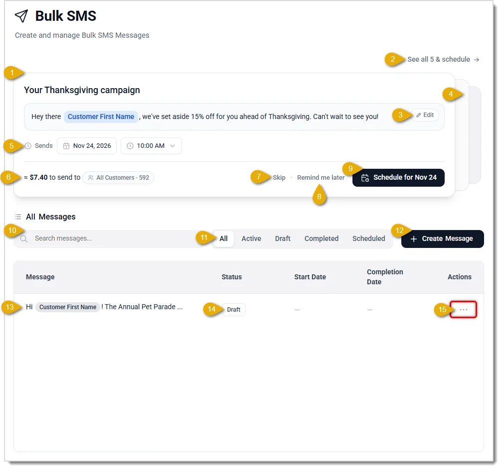Image showing the Bulk SMS page of the LifeSaver Software system with major functions highlighted.